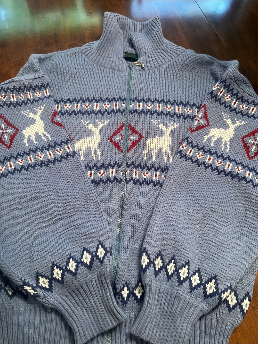 Men's Light Blue Zip-Front Fair Isle Sweater with Reindeer Motif cl